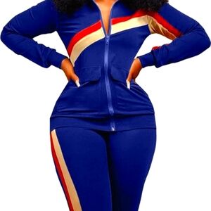 Stylish Royal Blue Tracksuit with Red and Cream Stripes, XL